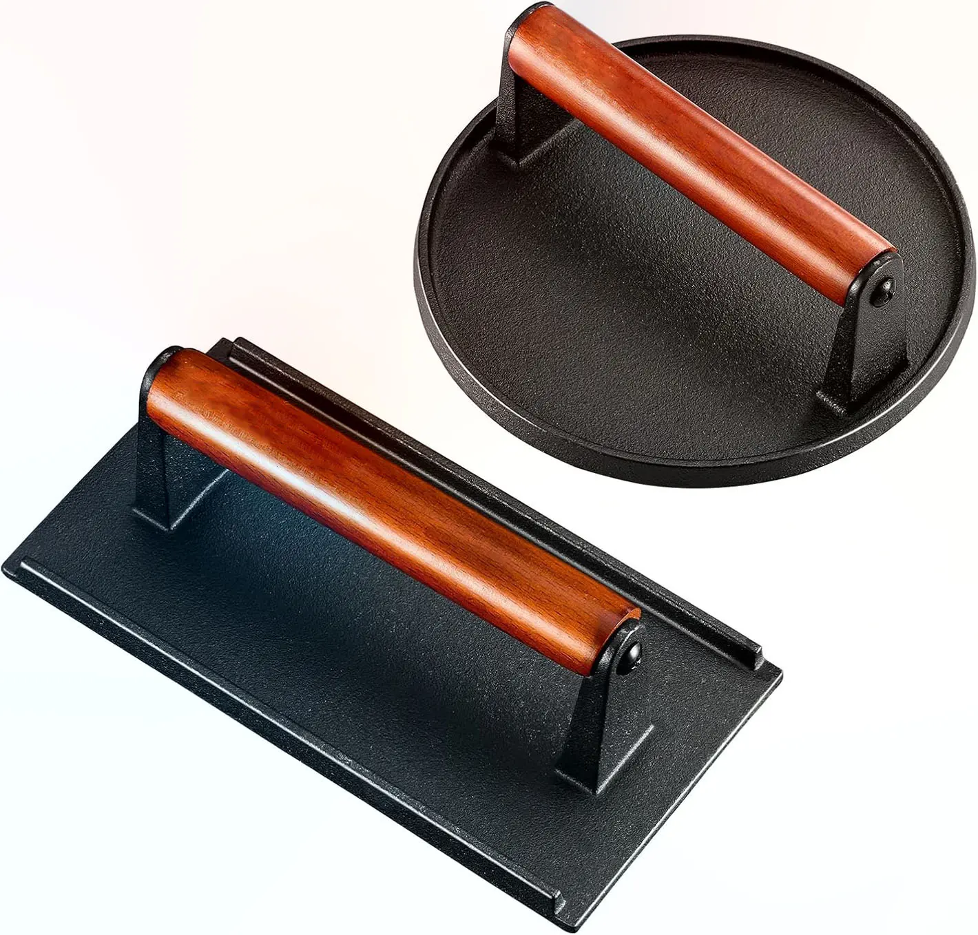 Heavy Duty Cast Iron Burger & Bacon Press Set - Round & Rectangle Grill Press with Wooden Handle for Even Cooking, Barbecue Utensils, Kitchen Tools, Barbecue Accessories, Grilling Accessories