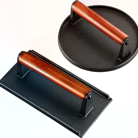 Set of 2 Durable Cast Iron Burger & Bacon Presses - Round & Rectangle with Heat-Resistant Wooden Handle, Heat-Retaining for Crisp Edges & Even Cooking, Barbecue Utensils, BBQ Tools, Grilling Accessories, Outdoor Grill Accessories for Campfire