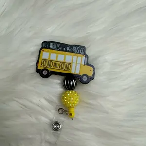School Bus Badge Reel - "The Wheels on the Bus Go Round and Round" Design with Yellow Beaded Strap and Clear Badge Holder