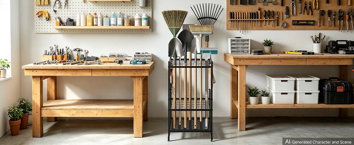 【BackToSchool】VEVOR Garden Tool Organizer, 35 Slots with Hooks, Metal Garage Storage Rack, for Rakes/Shovels/Brooms, Yard Utility Tool Holder for Shed/Outdoor/Lawn Organization, Heavy-Duty Steel, Freestanding,Black