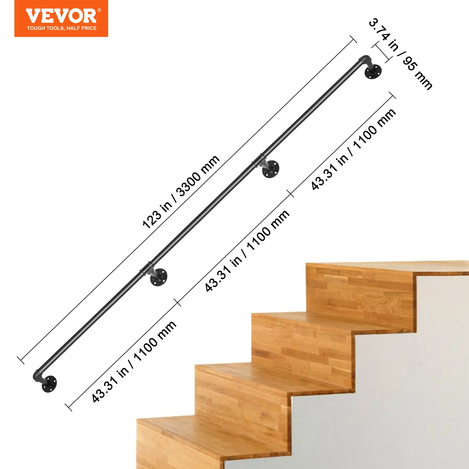 VEVOR Heavy Duty Carbon Steel 3 Handrails Kit, 11 ft Complete Wall-Mount Stair Railing, 440 lbs Load Capacity, Expansion Screws Included, Easy-to-Install Round Corner Handrailing for Climbing Stairs Both Indoors & Outdoors