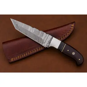 Signature Damascus Steel Tanto Knife – 512 Layer Hand Forged Blade with Wood Handle & Leather Sheath