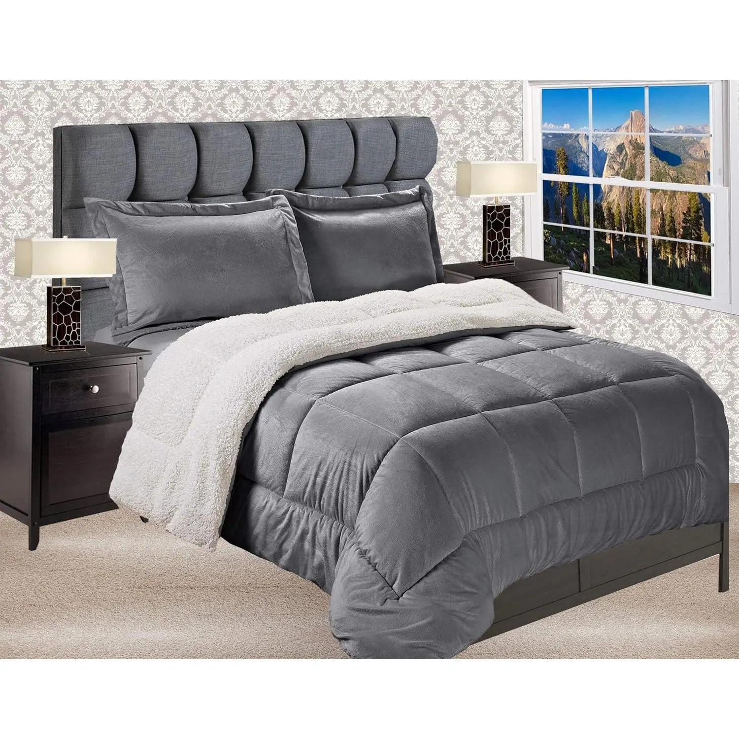 Premium Soft King Size Grey Comforter Set - Heavyweight Micromink with Sherpa Backing, Reversible Down Alternative Suede, Breathable, Anti-Bacterial, Wrinkle Resistant, Durable, Machine Washable, Quick-Drying