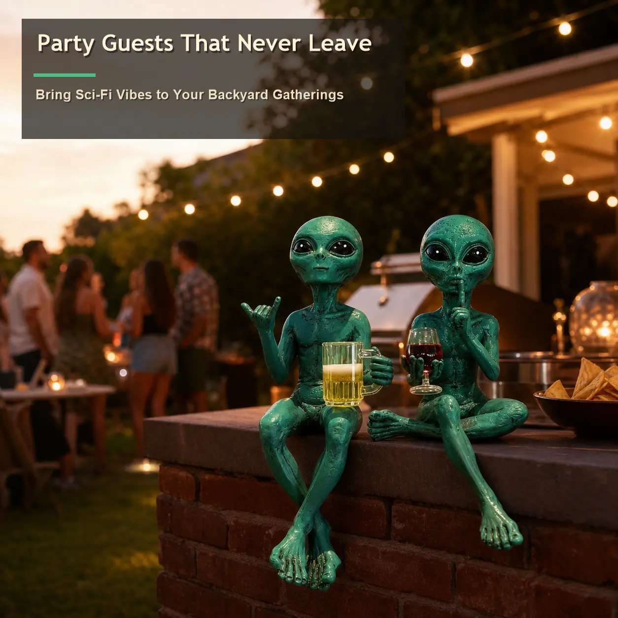 Vintage 2-Piece Green Resin Figurine Set - Drinking Aliens Desktop Ornament, Outer Space Home Decor Statues, Wine & Beer Themed Gifts, Gift Ideas for Sci-Fi Fans