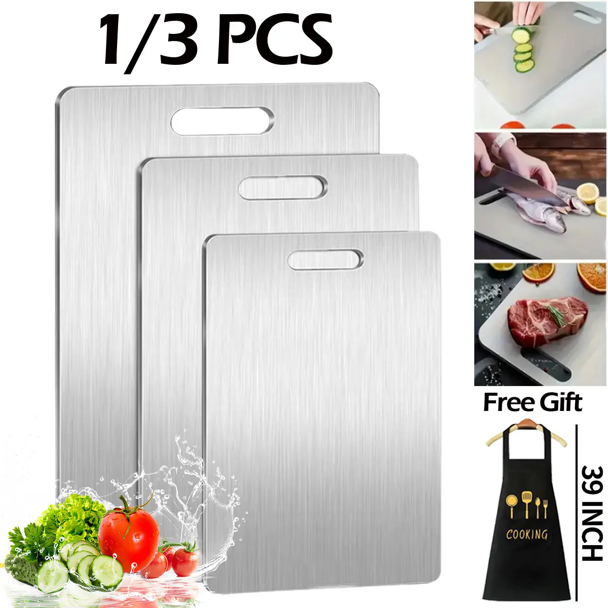 1/3 PCS Stainless Steel Chopping Board Set with Apron, Kitchen Knife-Friendly Cooking Cutting Board, Rust-Resistant, Easy to Clean, Space-Saving, Rectangle, Halloween-Christmas Gifts