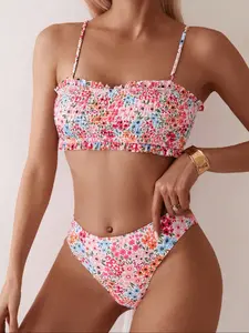 Women's Summer Beach Casual Holiday Sexy Floral Print Bikini Set, Two-Piece Swimsuit for Vacation, Stylish and Comfortable Swimwear
