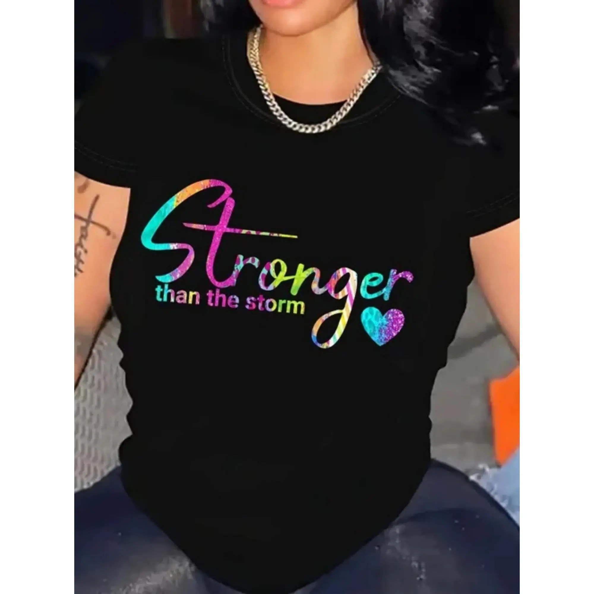 Women's "Stronger Than The Storm" Motivational Graphic T-Shirt - 100% Cotton Crew Neck Short Sleeve Casual Top, Black