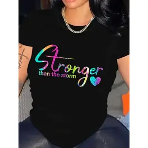 Women's "Stronger Than The Storm" Motivational Graphic T-Shirt - 100% Cotton Crew Neck Short Sleeve Casual Top, Black