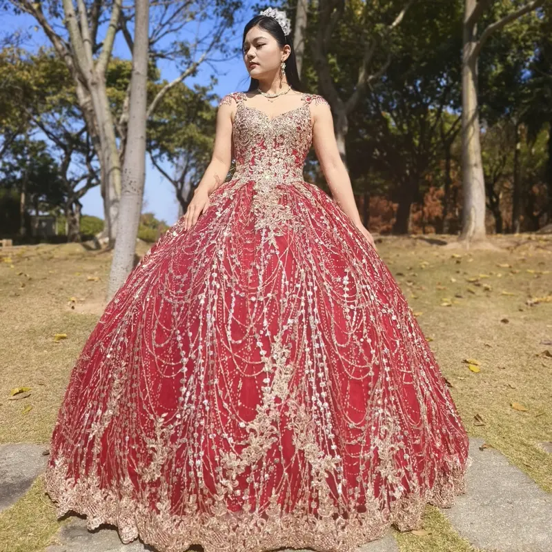 NO.4 Floral Patterned Glitter Quinceañera Dress Burgundy/Gold L.blue Blush Ball Gown Dress