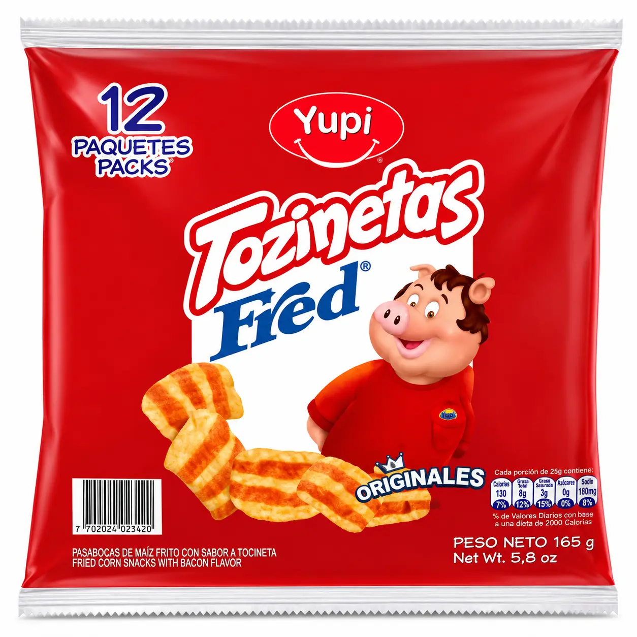 Yupi Tozinetas Fréd Originals 12 Packs Fried Corn Snacks with Bacon Flavor 165g Net Weight
