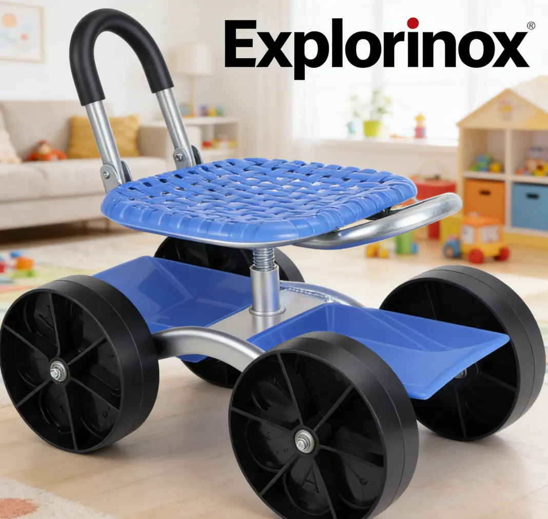 Explorinox Rolling Garden Seat with 360° Swivel, Adjustable Height, Flat Wheels, Ergonomic Design, Heavy Duty Build, Large Storage, Backrest, Seat Cushion – Versatile Gardening Tool