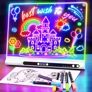 GEOKAY 16“ Rechargeable LED Drawing Board, 9-Color Light Modes with Timer & Built-in Stand, Neon Art Dry Erase Glow Up Doodle Note Pad, Sketching Gift Toy for Kids/Girls/Teens