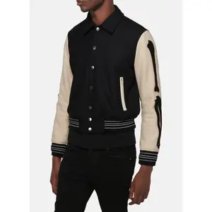 Mens Black and Beige Bone Design Varsity Jacket
