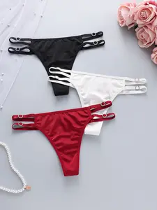 3-Pack Sexy Rhinestone Buckle Low-Rise Thongs, Panties, Satin Breathable Underwear for Women, Multi-Color Set