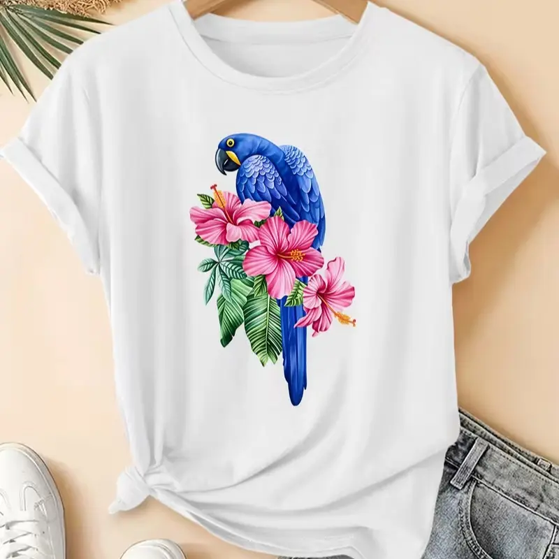 Blue Macaw Parrot Pink Hibiscus Tropical Floral Graphic T-Shirt Summer Beach Women Casual Short Sleeve Tee