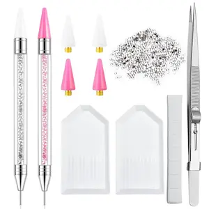 Rhinestone Picker Tool - 2pcs Dual-head Bedazzling Pen with 4 Wax Tips, 8pcs Clay, Adjustable Precision Tweezers, 1400pcs Rhinestones and 2pcs Organizer Tray Kit for Nail Art