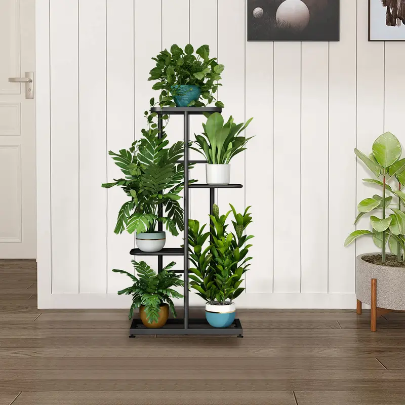 Linzinar 4-Tier Metal Grid Plant Stand - Antirust Spraying Heavy-Duty Iron, Wipe-Clean Smooth Shelves, Holds 5 Potted Plants, Indoor/Outdoor Balcony Bedroom Organizer Storage Rack (Garden Accessories, Trophies Compatible),home decor