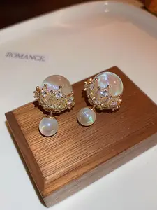 Crown Zircon Mermaid Pearl Earrings, French Luxury Style, Micro-Set Full Diamond, Daily Commute Jewelry, Everyday Elegance, Elegant and Chic Design