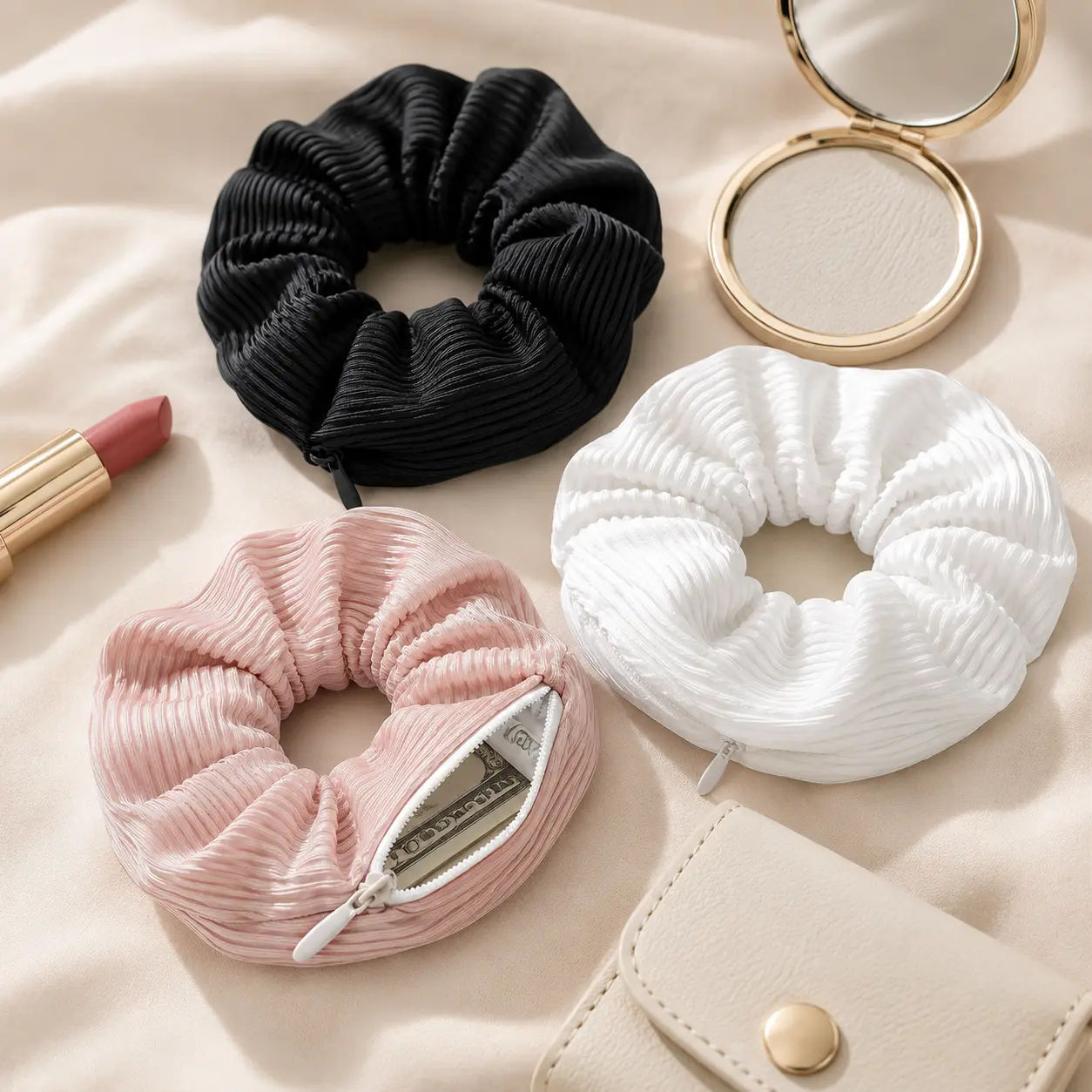 Women's 3-Pack Zippered Hidden Pocket Scrunchies, Elastic Bands with Cash Key Hold Storage, Female Wear Everyday Use Hair Ties Wrist Accessories for Small Essentials