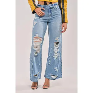 SOMETHING NEW FOLD OVER WAISTBAND DISTRESSED DENIM