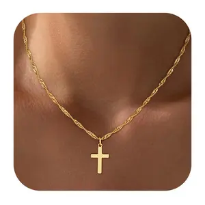 LuckyJewelry B Cross Necklace for Women Girls, Dainty Cute 14K Gold Silver Plated Cross Pendant Jewelry Non Tarnish Waterproof Simple Small Necklace Christian Baptism Religious Faith Gifts