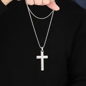 Black Silver  Cross Pendant Necklace with Text Detail, Sturdy  Chain, Layerable Men Women’s Accessory