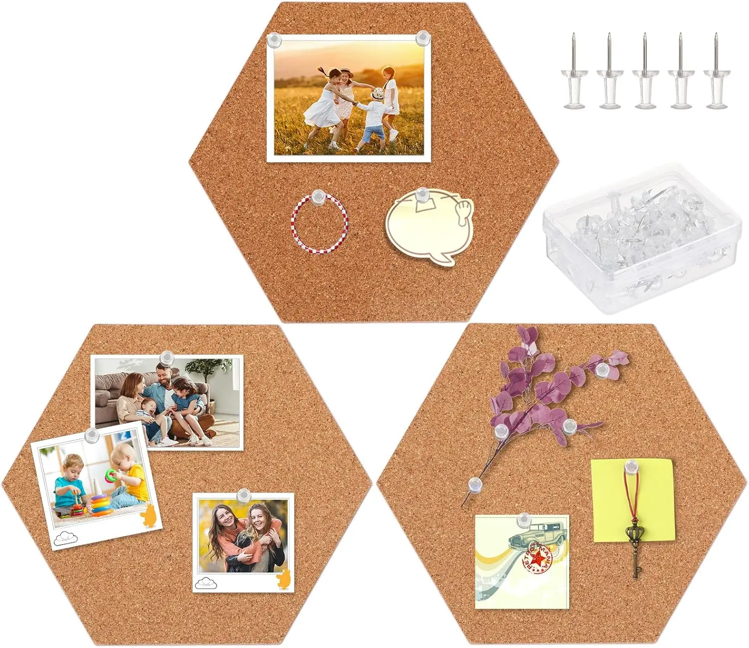 3 Pack Self-Adhesive Hexagonal Cork Board Tiles - Lightweight Natural Oak-Cork Mini Wall Bulletin Board, Home Office Decoration Gift, with 50 Multi-Color Push Pins for Displaying Photos Memos Notes