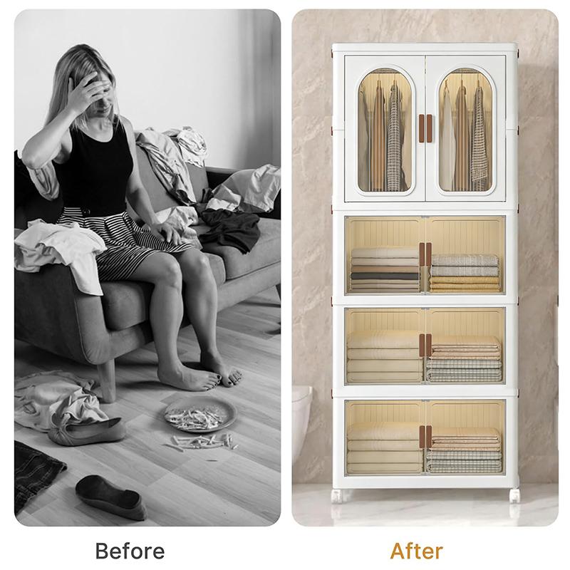 60cm-2/3/4 layers Rolling Storage Organizer,Oversized Foldable Plastic Storage Solutions Kit - Stackable Box with Lid, Trash Can, Cabinet with Door, Foldable Wardrobe Organizer - Suitable for Home, Office Kitchen Preserving & Utensil Storage (White)
