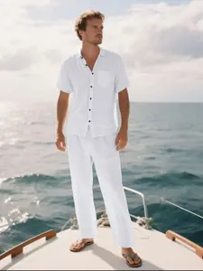 Men's Solid Color Linen Shirt & Pants Set, Regular Fit Casual Comfy Short Sleeve Collared Top & Trousers for Daily Wear, Men's for All Seasons