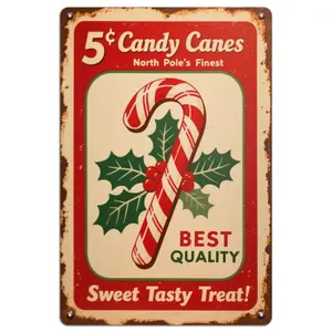 Retro Candy Cane Metal Sign: Nostalgic Christmas Wall Decoration