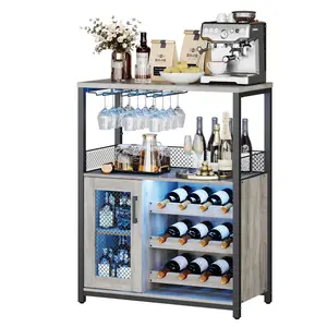 GARVEE Grey Wine Bar Cabinet with LED Lights, Adjustable Shelves, Mesh Door, and Baffle Design - Kitchen Sideboard Buffet with Glass Holder for Dining and Living Room