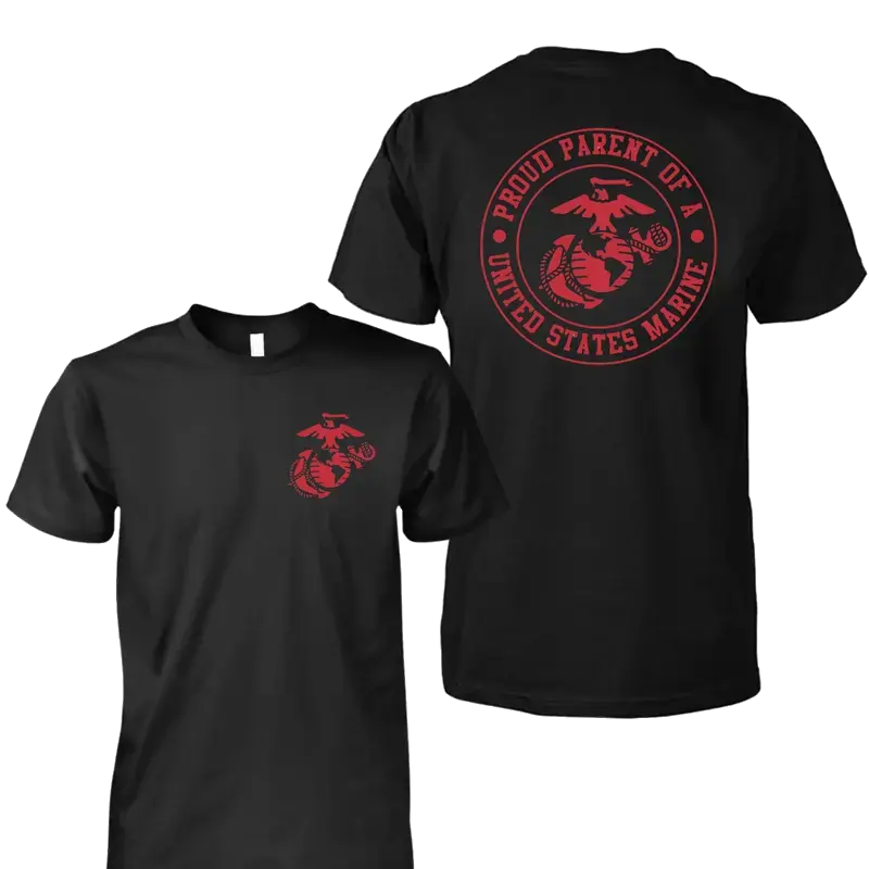 USMC Proud Parent T-Shirt – Marine Corps Family Tee Featuring Left Chest EGA Logo & Proud Parent of a United States Marine Back Graphic, Military Pride Design Novelty Gift for Marine Moms & Dads, Menswear Medium Men's