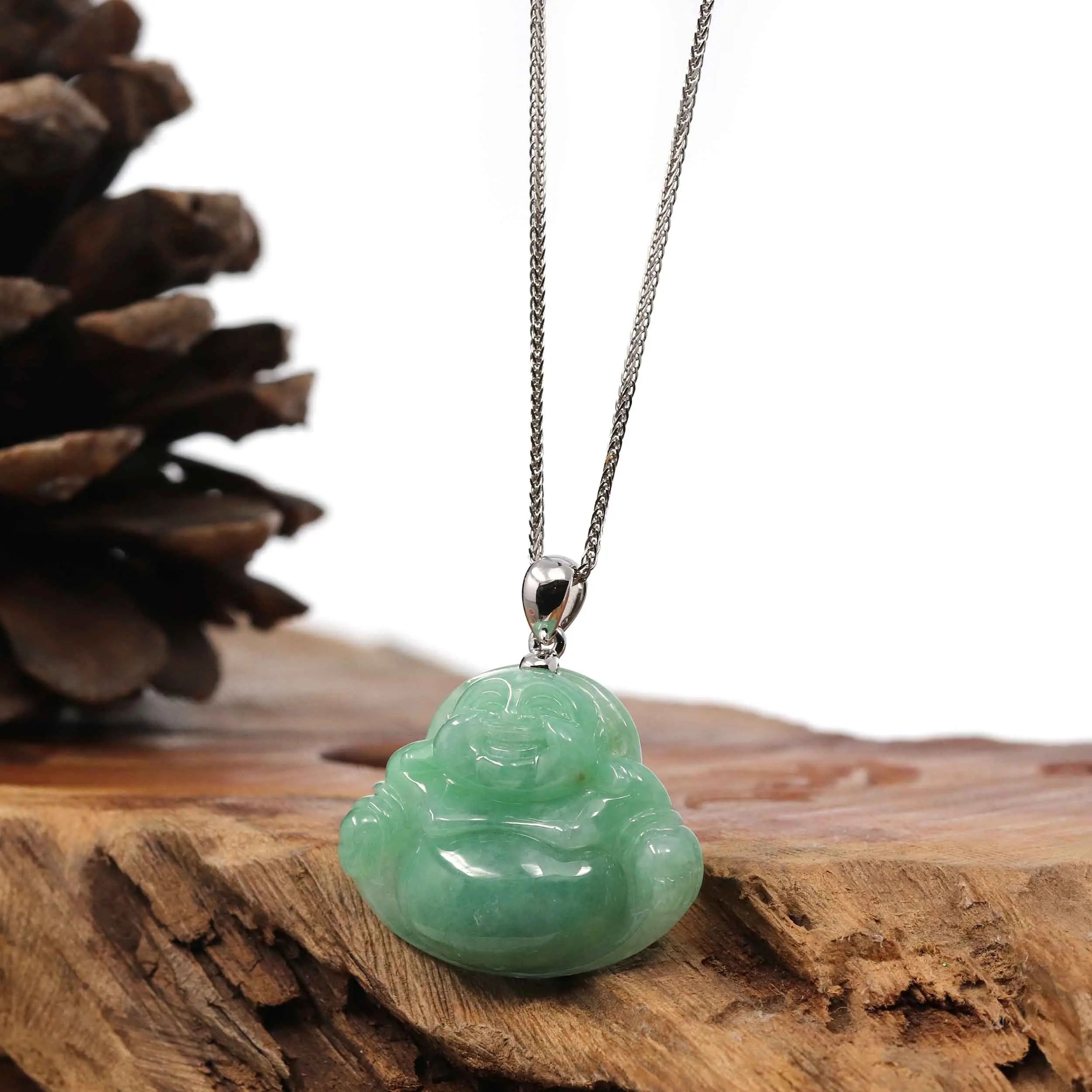 Baikalla™ "Laughing Buddha" Genuine Vibrant Green Jadeite Buddha Pendant Necklace With 14k White Gold Bail
