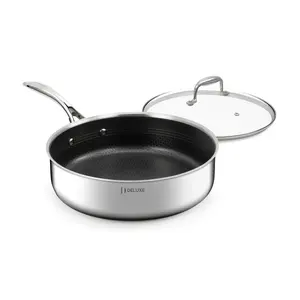 DELUXE Hybrid Ceramic Nonstick 5 Qt Deep Sauté Pan with Lid, Stainless Steel Skillet with Stay-Cool Handles, Dishwasher and Oven-Safe, PFOA Free Deep Frying Pan