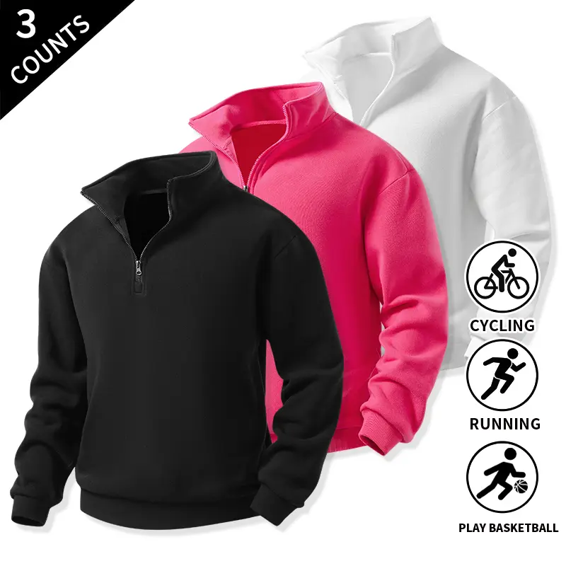 3-Pack Men’s Quarter-Zip Stand Collar Sweatshirts, Standard Fit Long-Sleeve Pullovers for Cycling, Running, Basketball, and Everyday Casual Wear