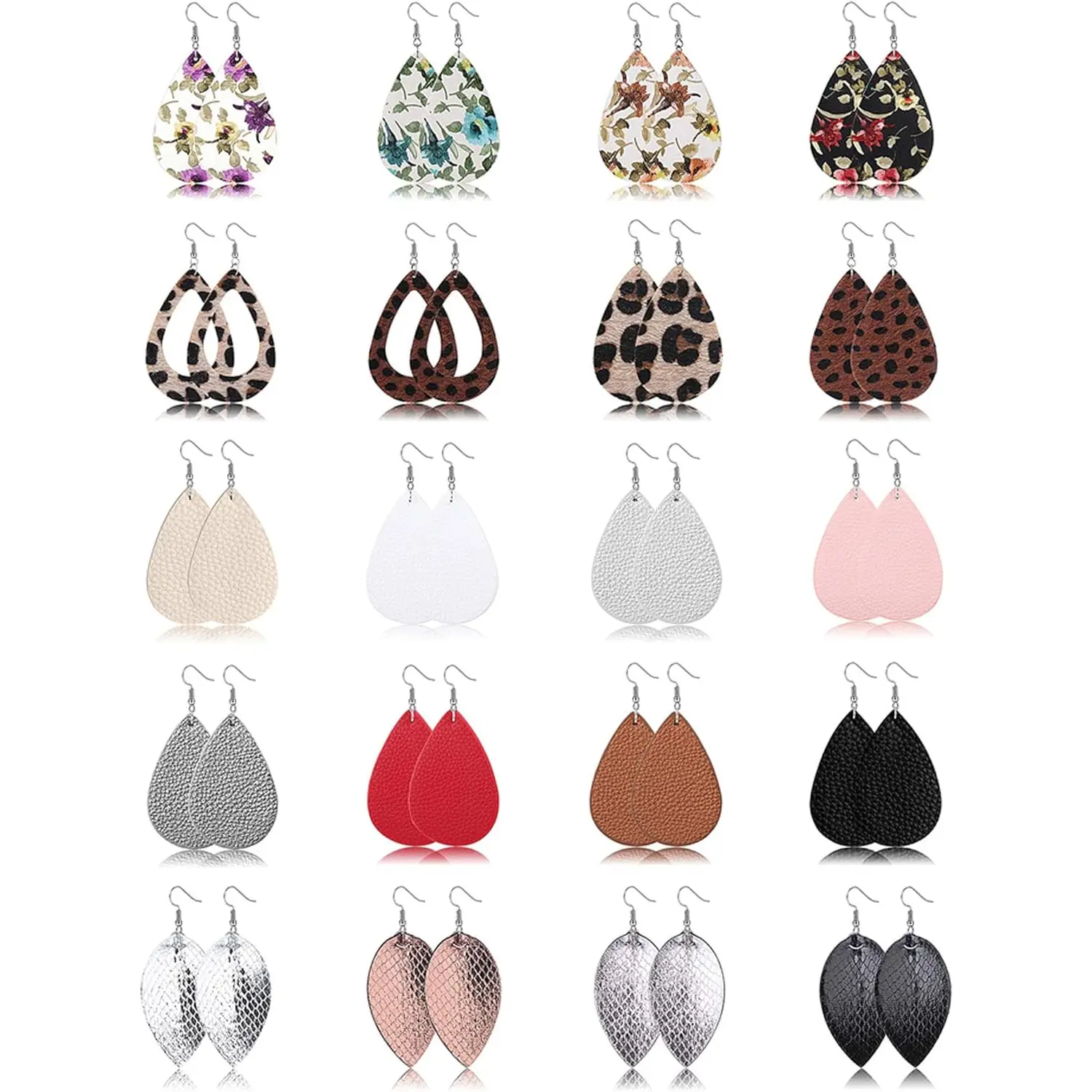 ZELORES Women's 20-Pair Ethnic Hook Earrings Set - Lightweight PU Leather, Drop-Shaped Leaf, Leopard Print Designs - Versatile Beach Wear Costume Jewelry, Leopard Print Earrings, Earrings For Women