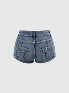 VYNCE Grunge Punk Y2K Retro Women Ultra Low-Rise Super Short Butt Pocket Star Patch - Pantalones Cortos de Mezclilla de Talle Súper Bajo con Parche de Estrella