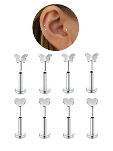 Cute Heart & Butterfly Dec Flat Back Earrings, Threadless Nose Stud, Tiny Stud Earrings, Cartilage Tragus Piercing Jewelry, Conch Helix Stud, Ear Studs, Flat Pierced Earring