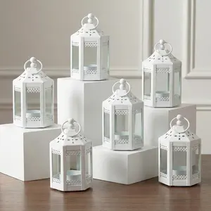 VELA LANTERNS 6pc Mini Small 4.5 Inch Metal Moroccan Lanterns Decorative Candle Tealight Holders for Centerpieces, Ramadan, Home Decor, Weddings, White