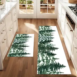 2pcs Christmas and New Year printed kitchen rug Watercolor evergreen forest illustration Floor Mat Set Farmhouse Kitchen Rug Dining Room Flooring Laundry Room Decor Carpet Mat Kitchen Runner Rug