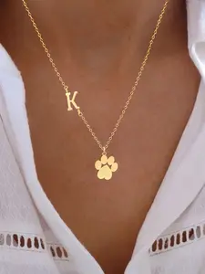 Women's Stainless Steel Chain Necklace Initial, Cute Letter Dog Paw Pendant Design, Casual All-Season Jewelry Accessory