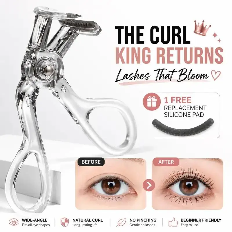 Wide-Angle Toothed Eyelash Curler - 2-in-1 Fine Comb Teeth Design with Extra Replacement Silicone Pad, Beginner-Friendly No-Pinch Tool for Natural Long-Lasting Fluffy Curls, Easy Sunflower Lash Styling At Home