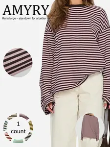 Women's Long Sleeve Striped Casual Top, Loose Fit Round Neck Tee Shirt for Spring & Fall, Stylish Daily Wear