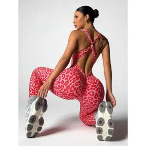 Women's Leopard Print Active Jumpsuit – High-Waisted Tummy Control Bodysuit with Open Back, Built-in Bra, Seamless Gym Wear for Yoga & Training