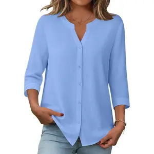 Button Down Shirts for Women 3/4 Sleeve Linen Cotton V Neck Tops Dressy Casual Loose Work Blouses