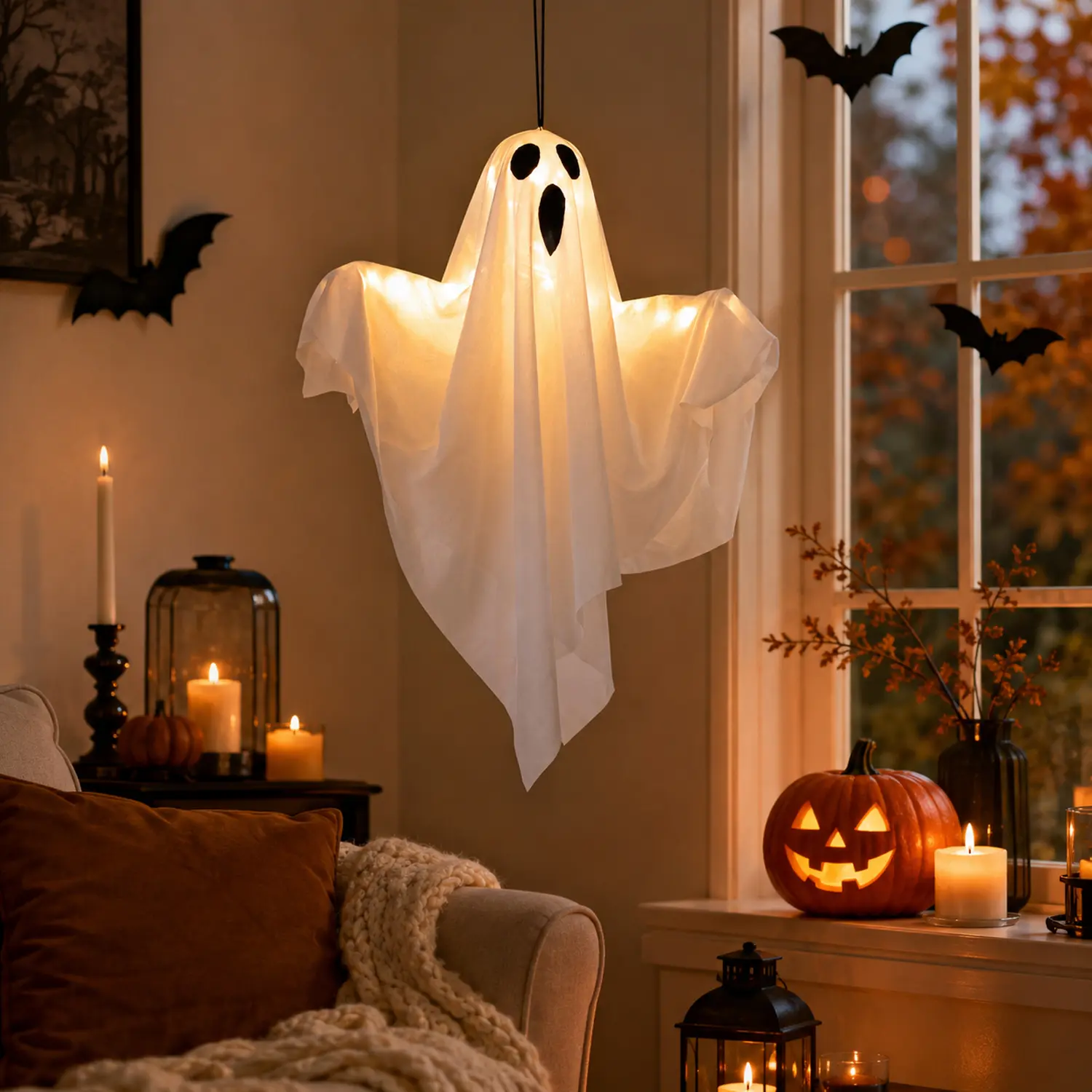 Light-Up Hanging Ghost with Remote Control, LED Outdoor Halloween Decoration with Maple Leaf Garland for Front Porch, Yard, Tree & Haunted House Party