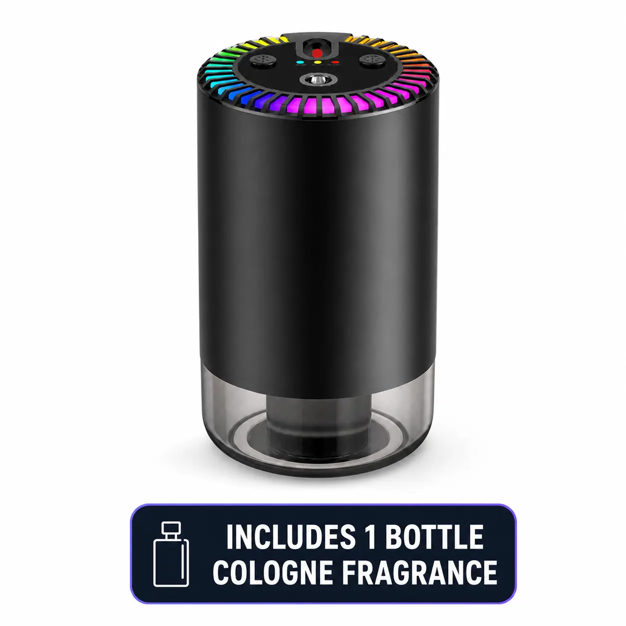 Black Smart Car Fragrance Diffuser with Automatic Mist, Starry Sky Projector and Colorful Ambient Light, Cup Holder Aroma Accessory