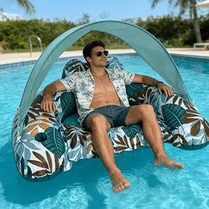 Inflatable Pool Float with Canopy, Tropical Leaf Print Lounge Chair with Cup Holder, Perfect for Adult Summer Beach Parties, Pool Parties, Lakes