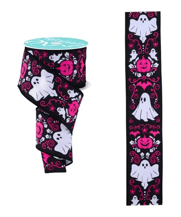 2.5" x 10yd Halloween Damask Ribbon in White, Black, & Pink
