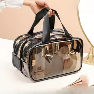 Clear Double-Layer Portable Makeup Bag with Dry Wet Separation, Durable PVC, Zipper Organizer Pouch for Women & Girls